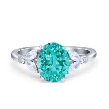 Oval Art Deco Engagement Ring Simulated Paraiba Tourmaline CZ 925 Sterling Silver